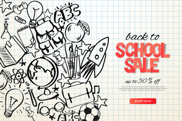 Back to school sale template. School doodle on checkered paper background, vector illustration.