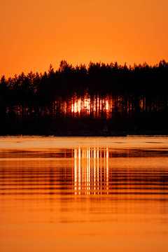Sunset at lake Saimaa with long tele lens through forest and reflection from the lake. © Henri