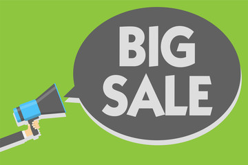 Handwriting text writing Big Sale. Concept meaning putting products on high discount Great price Black Friday Man holding megaphone loudspeaker speech bubble message speaking loud