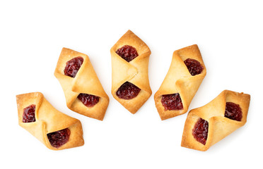 Envelopes cookies with jam on a white. The view of the top.