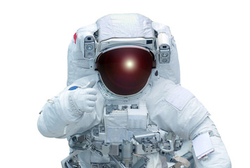 The astronaut shows the sign a class, in a space suit, isolated on a white background. Elements of...