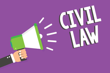 Word writing text Civil Law. Business concept for Law concerned with private relations between members of community Man holding Megaphone loudspeaker loud screaming talk talking speech listen