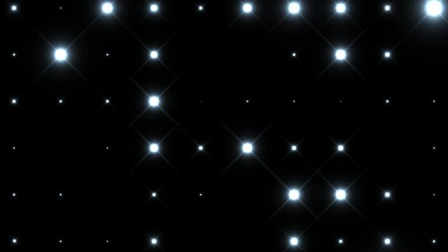 Loop seamless background spotlight flood white light flashing flashlights in nightclub. Animation disco panel with lamps blinking white lights on black background.