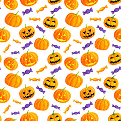 Watercolor halloween pumpkin and sweets seamless pattern. Hand drawn jack-o-lantern face illustration. Cute background design for wrapping paper, party invitations, banners.