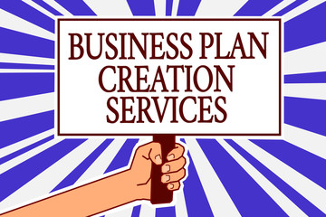 Text sign showing Business Plan Creation Services. Conceptual photo paying for professional to create strategy Man hand holding poster important protest message blue rays background