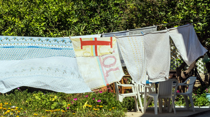 Towels are drying outside.
