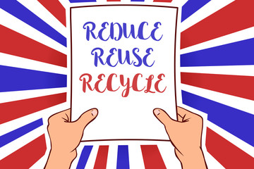 Conceptual hand writing showing Reduce Reuse Recycle. Business photo showcasing ways can eliminate waste protect your environment White paper handwritten lines text blue red waves pattern