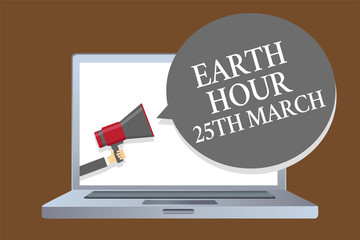 Text sign showing Earth Hour 25Th March. Conceptual photo symbol commitment to planet Organized World Wide Fund Laptop desktop speaker alarming warning sound announcements indication idea