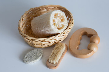 Bath accessories  on white table. White background isolated