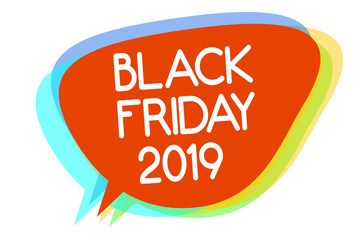 Conceptual hand writing showing Black Friday 2019. Business photo showcasing day following Thanksgiving Discounts Shopping day Multiline text layer design pattern red background think