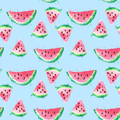 Seamless pattern Watercolor drawing of slices of watermelon with seeds and paint splashes. Small pieces of watermelon on a blue background. Juicy watercolor hand-drawn illustration.