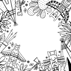 Frame with Native American traditional objects. Wigwams, totem poles, cactuses, weapons.  Vector hand drawn outline sketch illustration
