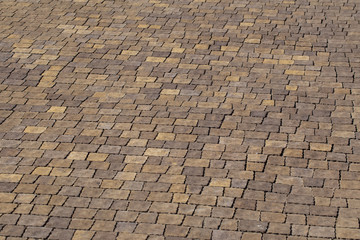 Closeup view of brown sidewalk in city park. Horizontal color photography.