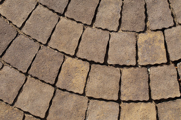 Closeup view of brown sidewalk in city park. Horizontal color photography.