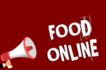 Handwriting text Food Online. Concept meaning asking for something to eat using phone app or website Man holding megaphone loudspeaker red background message speaking loud