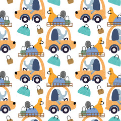 Cute animals driving a car with bags seamless pattern background. Design for fabric, wrapping, textile, wallpaper, apparel.