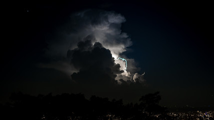 A real lightnings in the sky at night. Spectacular electrical storm clouds.