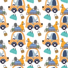 Wallpaper murals Animals in transport Cute animals driving a car with bags seamless pattern background. Design for fabric, wrapping, textile, wallpaper, apparel.