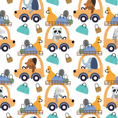 Nette Tiere, die ein Auto mit nahtlosem Musterhintergrund der Taschen fahren. Design für Stoff, Verpackung, Textilien, Tapeten, Bekleidung.