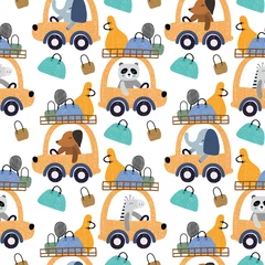 Wall murals Animals in transport Cute animals driving a car with bags seamless pattern background. Design for fabric, wrapping, textile, wallpaper, apparel.