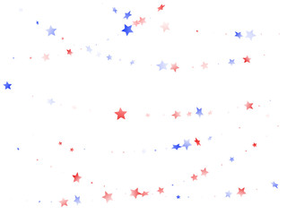 Flying red blue white star sparkles on white vector american patriotic background.