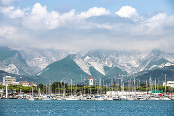 View from the sea of the marble quarries of Carrara (Italy)