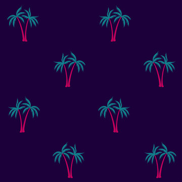 Coconut palm tree pattern textile seamless tropical forest background. Exotic vector wallpaper repeating pattern. Cute tropical plants, coconut trees, beach palms textile background design.