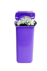 Trash bin with garbage on white background. Waste recycling