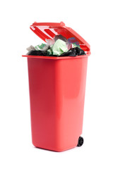 Trash bin with garbage on white background. Waste recycling