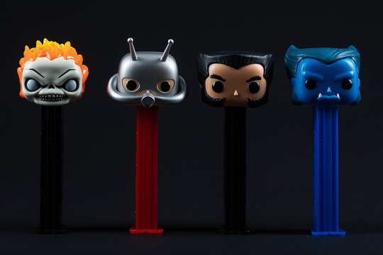 Pop! PEZ featuring Marvel characters Ghost Rider, Ant-Man, Logan and Beast in Everett, Washington on February 23, 2019 