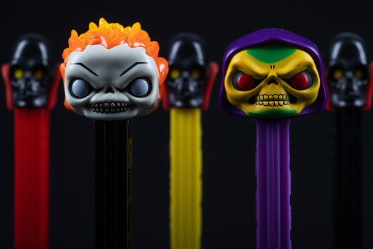 General view of skull PEZ dispensers in Everett, Washington on February 23, 2019 