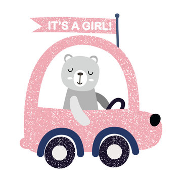 Baby shower vector illustration. It is a girl. Bear drives a car. Greeting card.