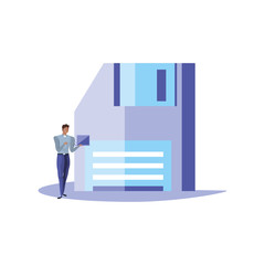 business man with laptop and floppy disk