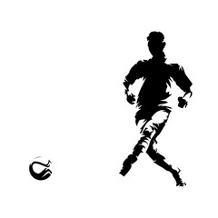 Soccer player kicking ball and scoring goal, abstract ink drawing vector silhouette. Isolated footballer
