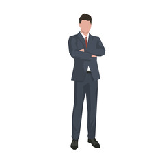 Businessman standing with folded arms in dark suit, flat design geometric isolated vector illustration.