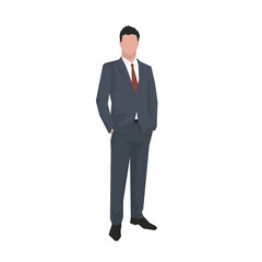 Businessman standing with hands in pockets in dark suit, flat design geometric isolated vector illustration.
