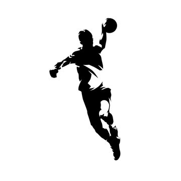 Handball player throwing ball and scoring goal, ink drawing isolated vector silhouette, front view