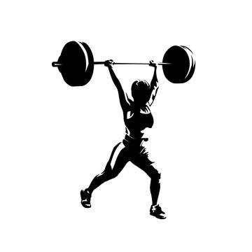 Weightlifting, woman lifting big barbell, isolated vector silhouette, ink drawing