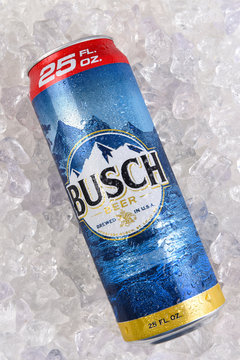 IRVINE, CALIFORNIA - MARCH 21, 2018: A 25 ounce King Can of Busch Beer on ice. An economy brand pale lager introduced in 1955 as Busch Bavarian Beer.