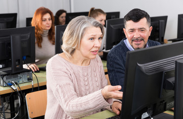 Middle aged man explaining computer skills for mature woman