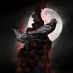 Two crows, ravens sitting on a dead tree with roses, dark, gothic romantic mood, can be used as...