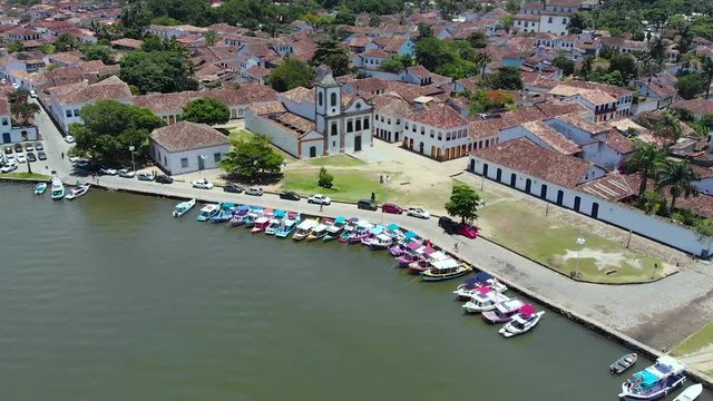 Paraty, Brazil, boats, colonial town, aerial view, drone footage