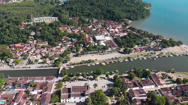 Paraty, Brazil, canal, boats, colonial town, aerial view, drone footage