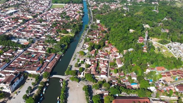 Paraty, Brazil, canal, boats, colonial town, aerial view, drone footage