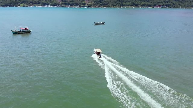 Boats, yachts, Gulf Ilha Grande, Atlantic ocean (Paraty, Brazil) aerial view, drone footage