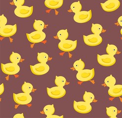 Ducklings, seamless pattern, color, gray - lilac, vector. Yellow cheerful ducklings. Color, flat picture. Vector, flat seamless background.  