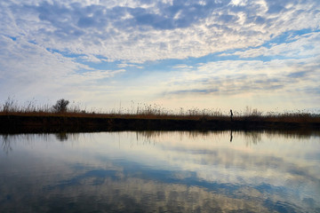 Reflection of sky in waters of Volga river