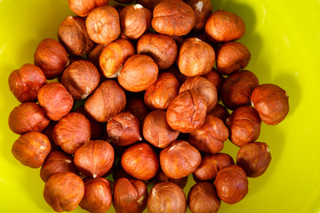 Dark hazelnuts scattered on a green background.