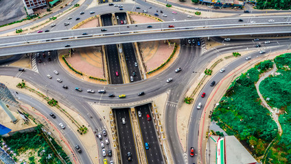 Aerial view Expressway motorway highway circus intersection at Day time Top view , Bangkok, Thailand.