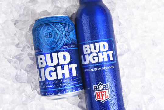 IRVINE, CALIFORNIA - JANUARY 22, 2017: Bud Light Aluminum Bottle And Can On Ice. The Resealable Bottle Feature The NFL And Super Bowl LI Logos.